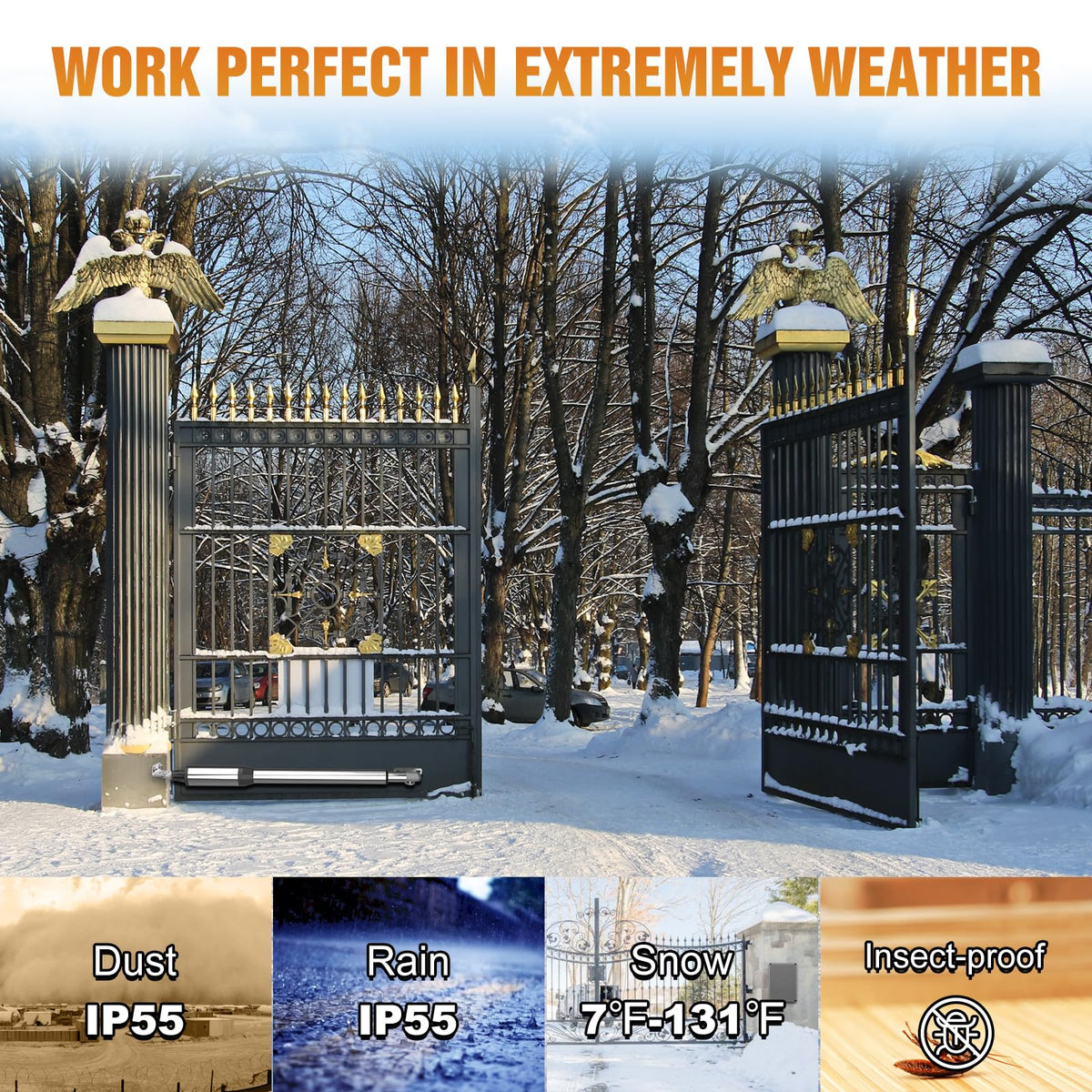 JUJIANG C026 Solar Gate Opener with Batteries & Solar Panel for Dual Swing Gates Up to 1540lb Automatic Gate Opener with Remote Complete Kit Medium Duty Electric Gate Opener Solar Powered 60W Motor