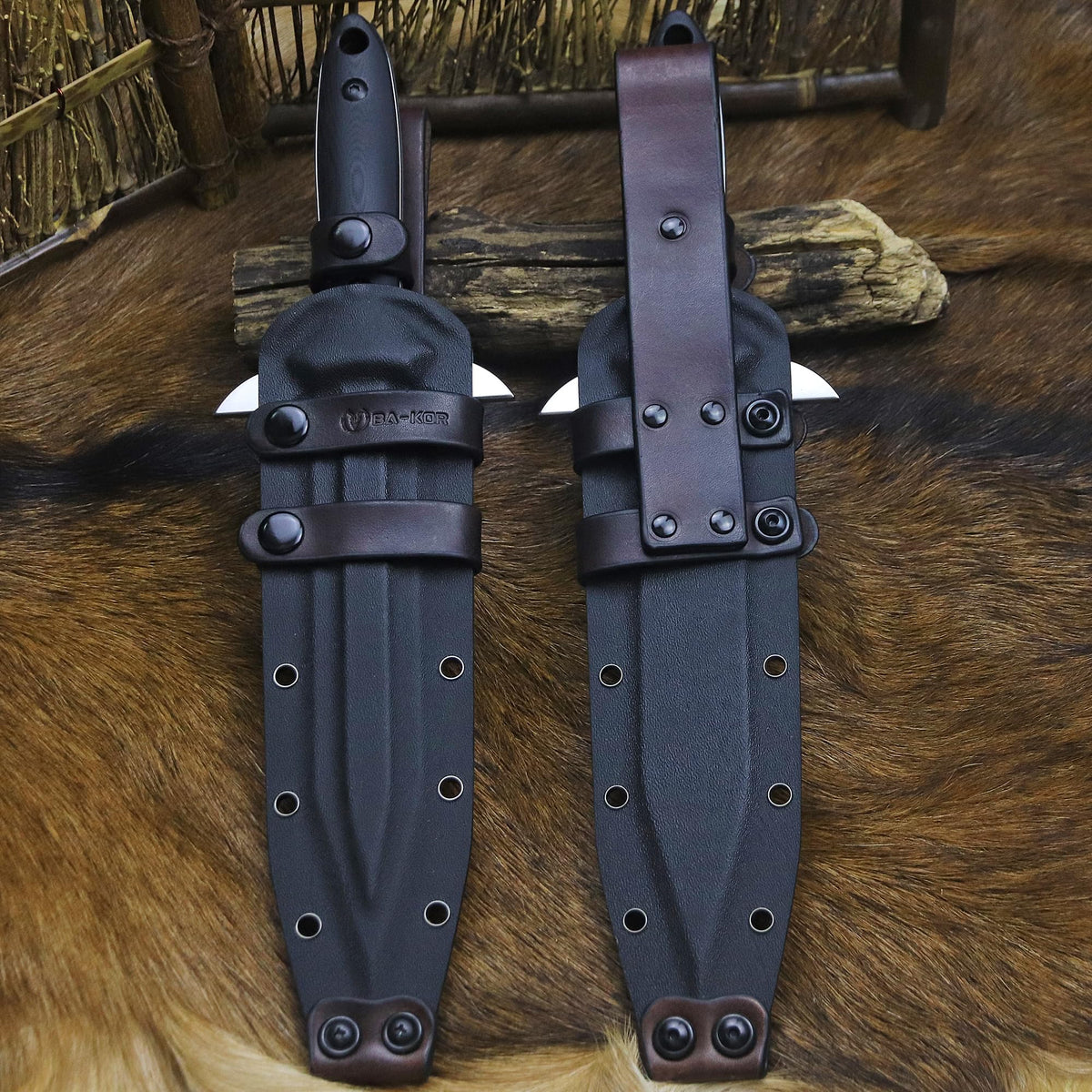 BA-KOR 14.4” Fixed Blade Hunting Knife, CPM 3V Steel Full Tang Survival Knife, 5mm Thick Mirror Polished Blade, G10 Handle, Leather Wrapped Kydex Sheath & 5.9” Fire Starter