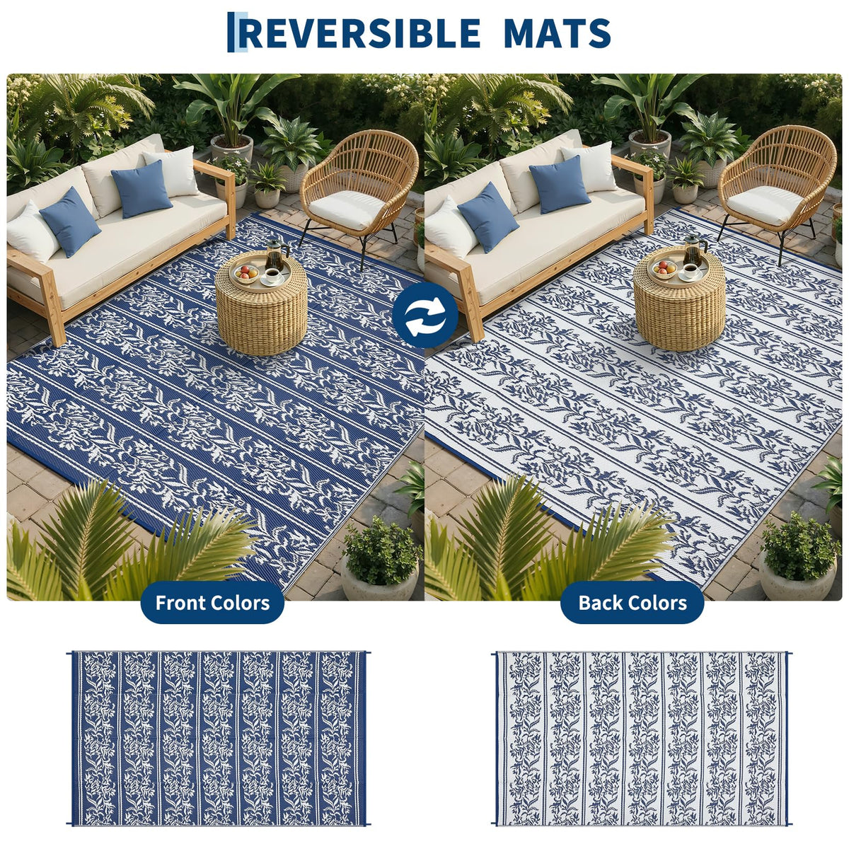 GarveeHome Outdoor Rug 9x18 Waterproof for Patio, Reversible Outdoor Plastic Straw Rug, Wallpaper Flower Indoor Outdoor Mat Carpet for RV, Camping, Deck, Backyard, Picnic, NavyWhite
