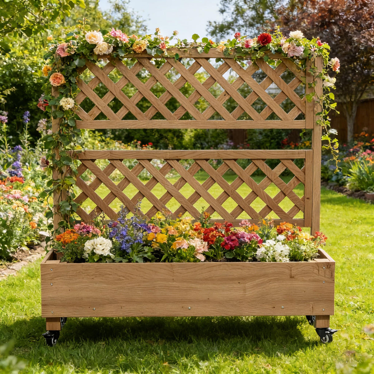 Raised Garden Bed with Wheels Outdoor, Large Garden Planter Box Tomato Flower Pots with Standing Diamond Lattice Trellis for Vegetables Vines Herbs Fruits & Climbing Plants (Grid Upright Trellis)