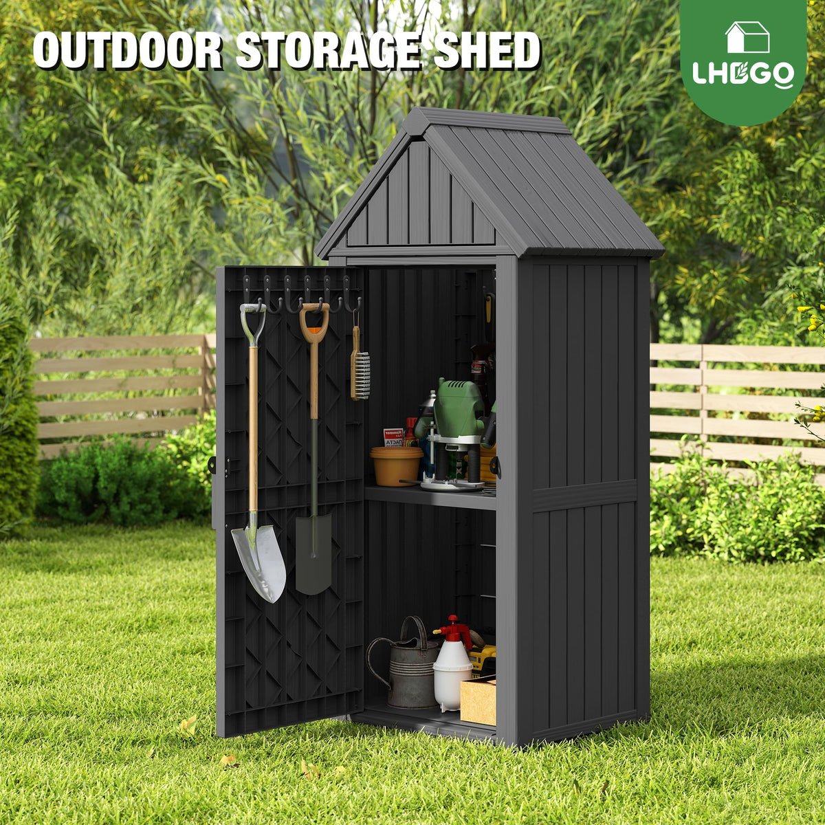 LHBGO Outdoor Storage Shed with Door & Shelf, Large Capacity Weatherproof Garden Tool Cabinet with Multiple Hooks for Backyard, Patio, Lawn（Black