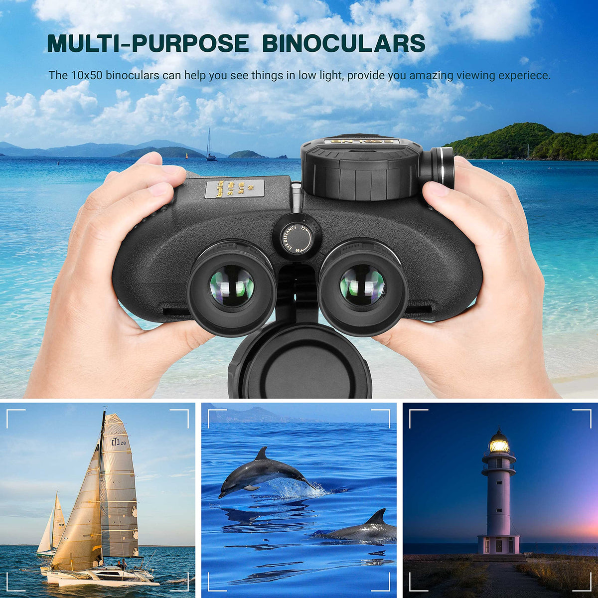 ESSLNB 10X50 Marine Binoculars with Illuminated Rangefinder, Compass, IPX7 Waterproof, BAK4 Prisms, for Navigation, Hunting, Includes Strap and Carrying Bag