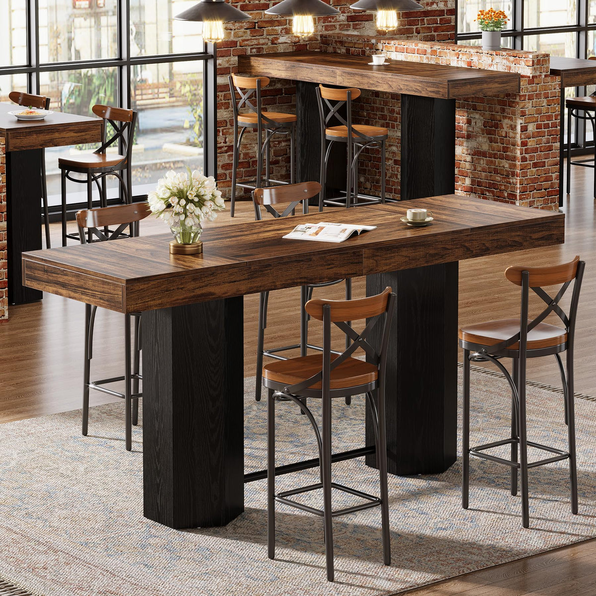 Tribesigns 70.9" Extra Long Bar Table, Industrial Counter Height Table, Rectangular Bar Height Tables with Metal Footrest for Kitchen Dining Room, Living Room, Pub (Rustic Brown & Black)