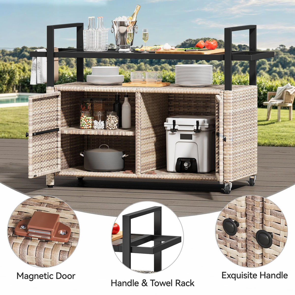 YITAHOME XL Outdoor Storage Cabinet, Outdoor Storage Cart with Wheels and Black Glass Table Top for Patio, Outdoor Cabinet for Poolside and Backyard (Light Brown)