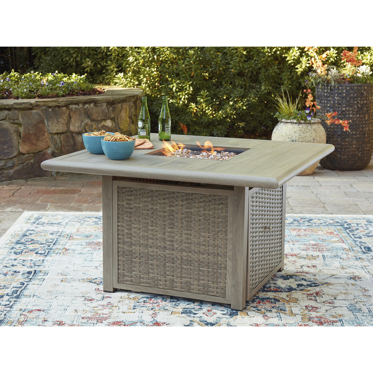 Signature Design by Ashley Haven Retreat Casual Weather Resistant Outdoor Fire Pit Table with 50,000 BTU Burner, Beige