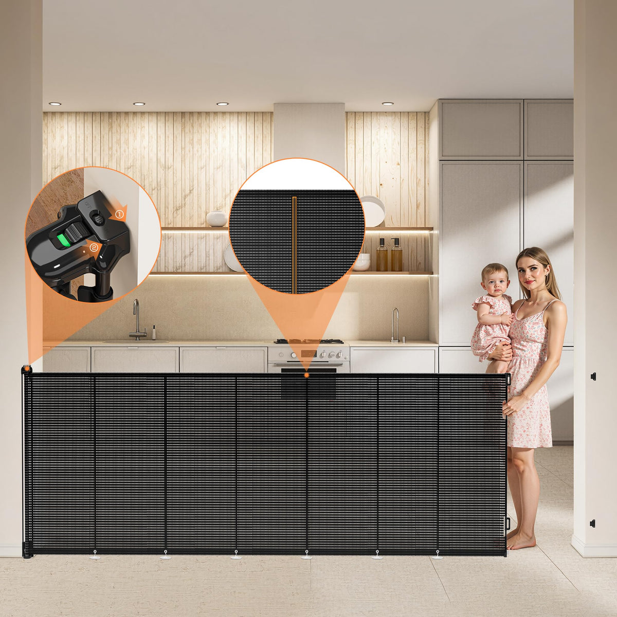 Mutak Retractable Baby Gate for Stairs, 42" Tall X 200" Wide Mesh Dog Gate Indoor, Child Gate for Doorways, Hallways, Deck, Indoor Outdoor Pet Baby Safety Essentials for Home, Black