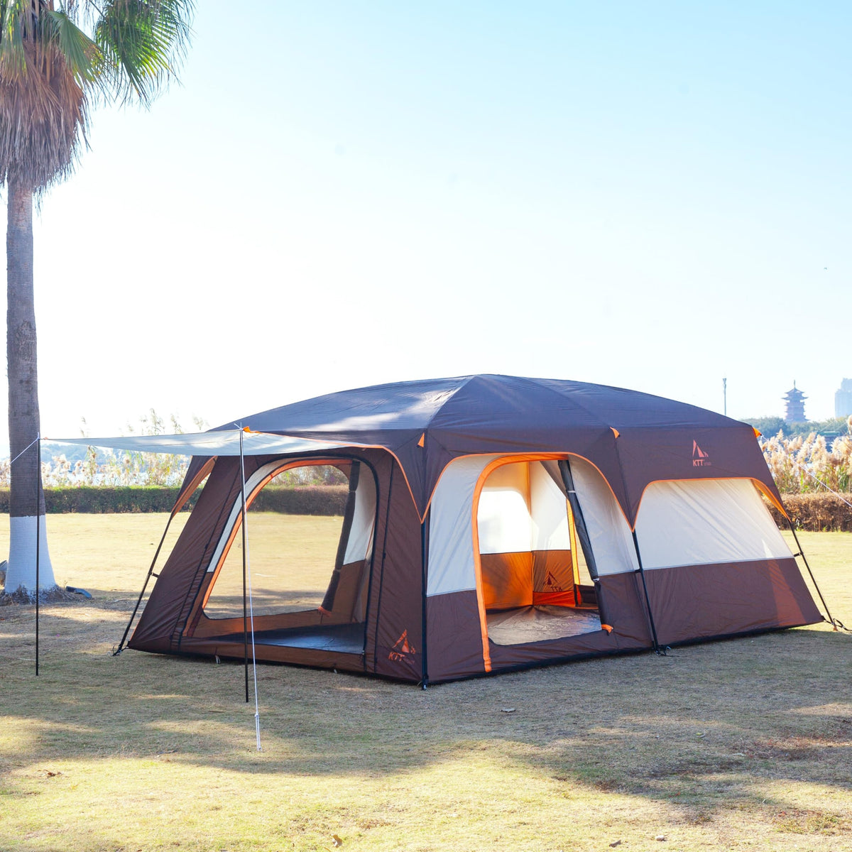 KTT Extra Large Tent 14 Person,Family Cabin Tents,2 Rooms,3 Doors and 3 Windows with Mesh,Straight Wall,Waterproof,Double Layer,Big Tent for Outdoor,Picnic,Camping,Family Gathering(Brown)
