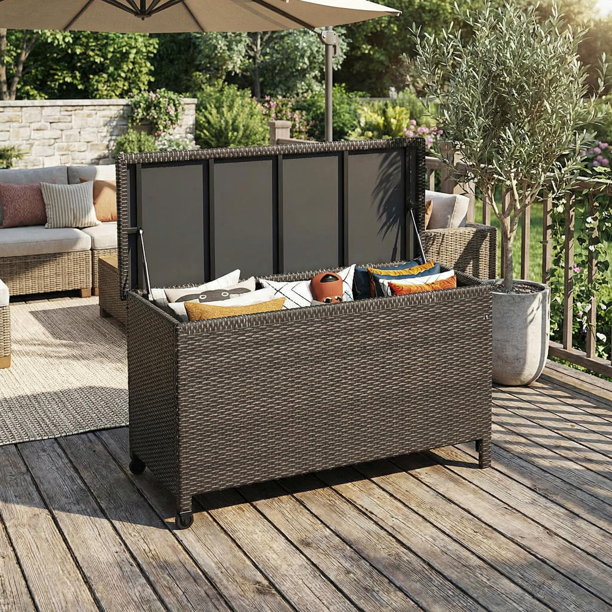 Wicker Deck Box, 125 Gallon All-Weather Outdoor Storage Box, Rattan Storage Bin for Patio Furniture, Outdoor Cushions, Pool Storage and Garden Tools, Brown