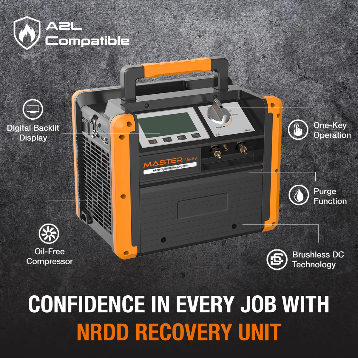 NAVAC NRDD Recovery Unit - Twin Cylinder, HVAC Recovery Machine, Master Series, AC Recovery Unit for Freon, Large Backlit Digital Interface, Refrigerant and HVAC System Maintenance, A2L Compatible