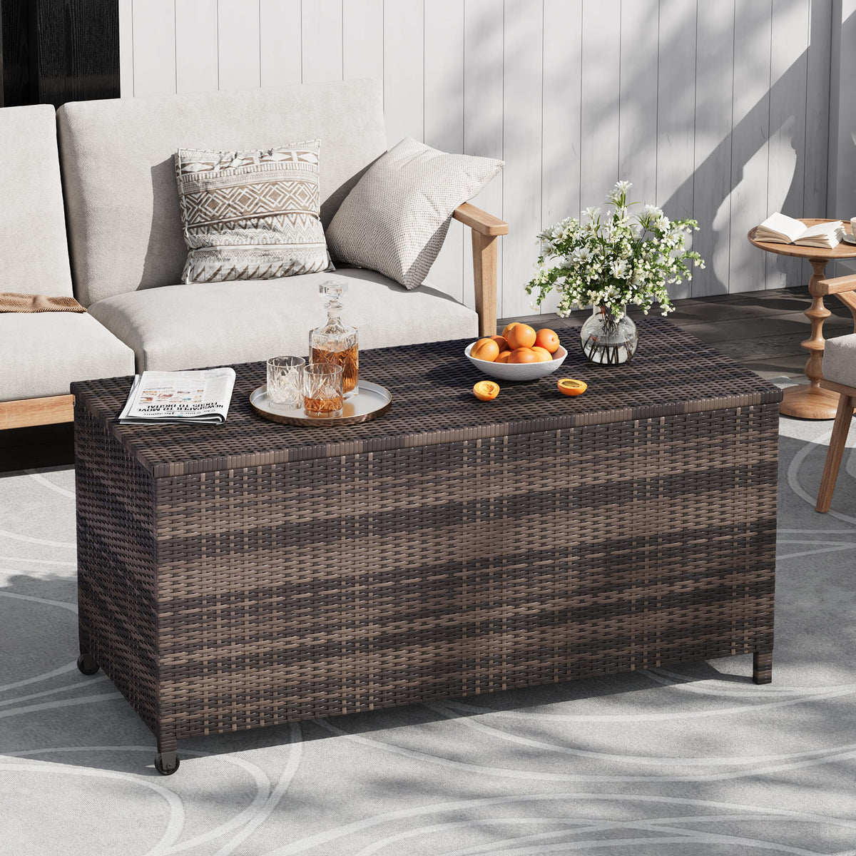 125 Gallon Large Deck Box Waterproof PE Rattan Outdoor Storage Box with Handles and Wheels, Storage Bin for Garden, Balcony, Porch, Pool, Yard