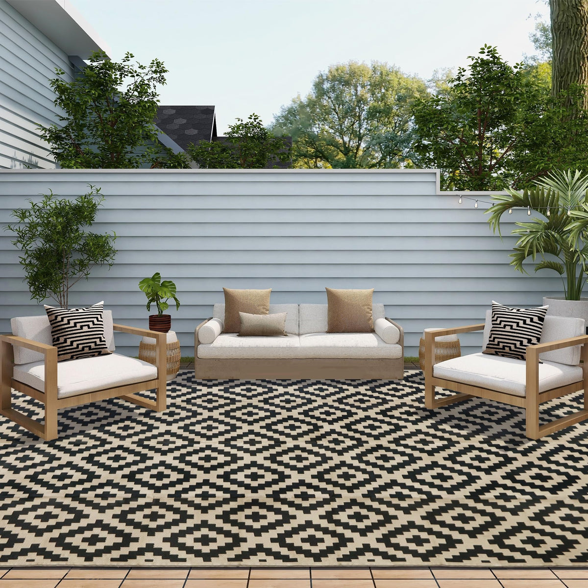 SAND MINE Waterproof Outdoor Rug 10x20 ft, Plastic Reversible Rug, Modern Area Rug, Large Floor Mat for Outdoors, RV, Patio, Backyard, Deck, Picnic, Beach, Camping, Black & Beige