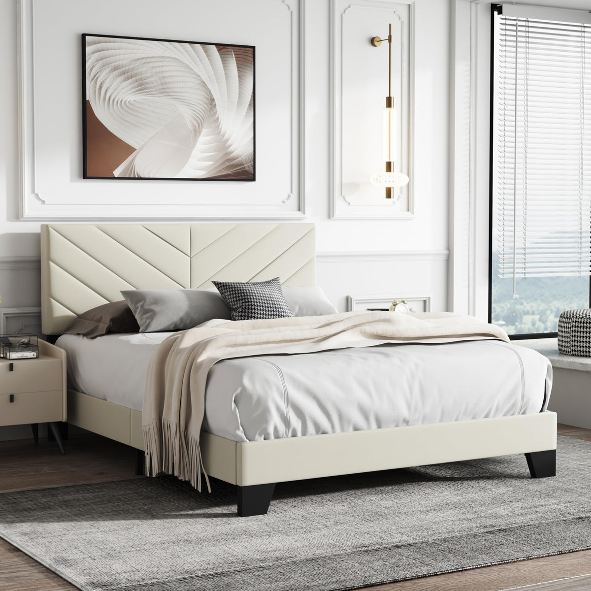 IOILORI Full Size Bed Frame Platform with Upholstered Headboard, Sturdy Wooden Slats, Noiseless, No Springs Required, Easy to Assemble Beige