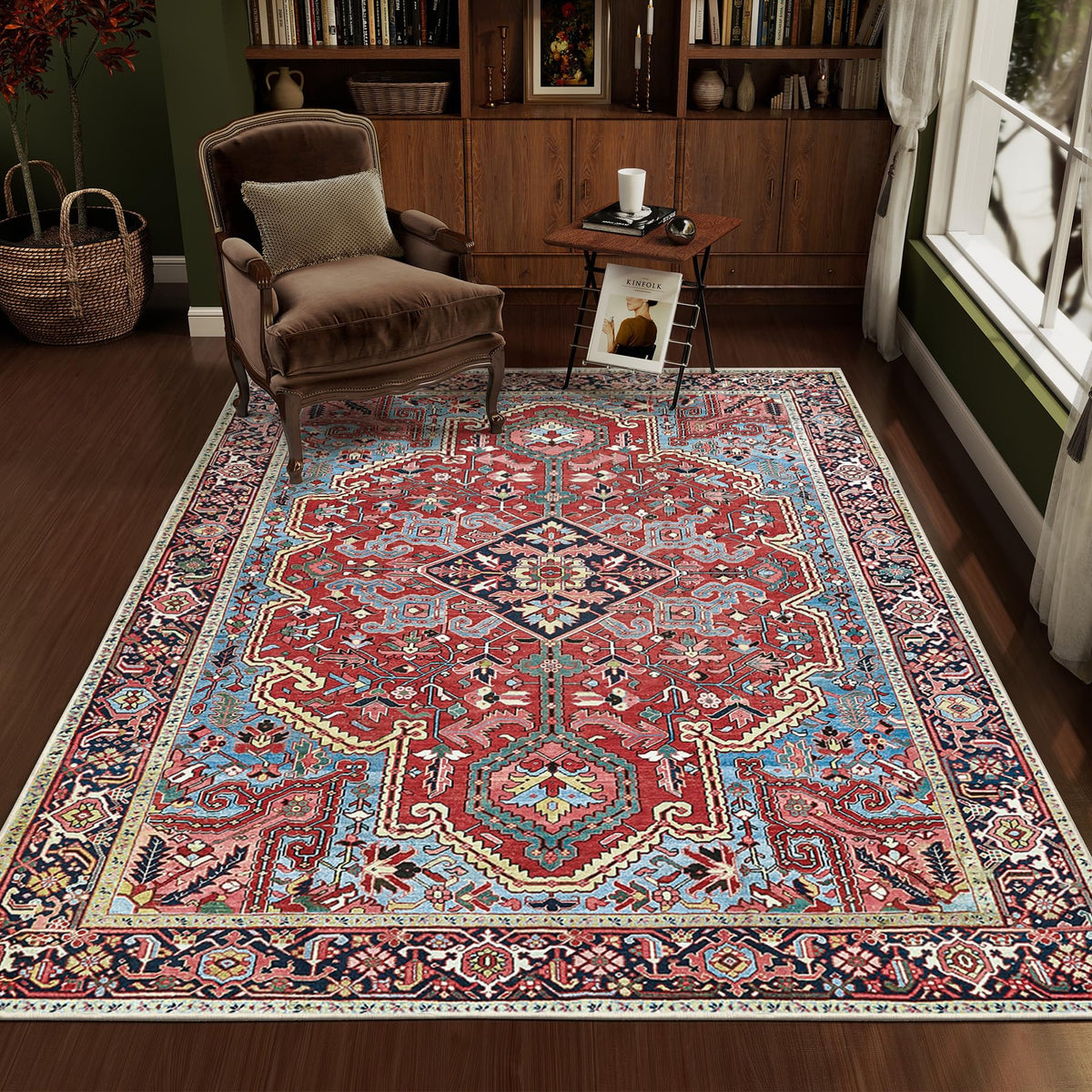 jxgzyy Soft Area Rug for Bedroom, 0.31'' Thick Red Persian Style Rug for High Traffic Area, Foyer Rugs for Entryway 5×7, Beautiful Lounge Rug with Cotton Backing, Low Pile Faux Wool Carpet for Study