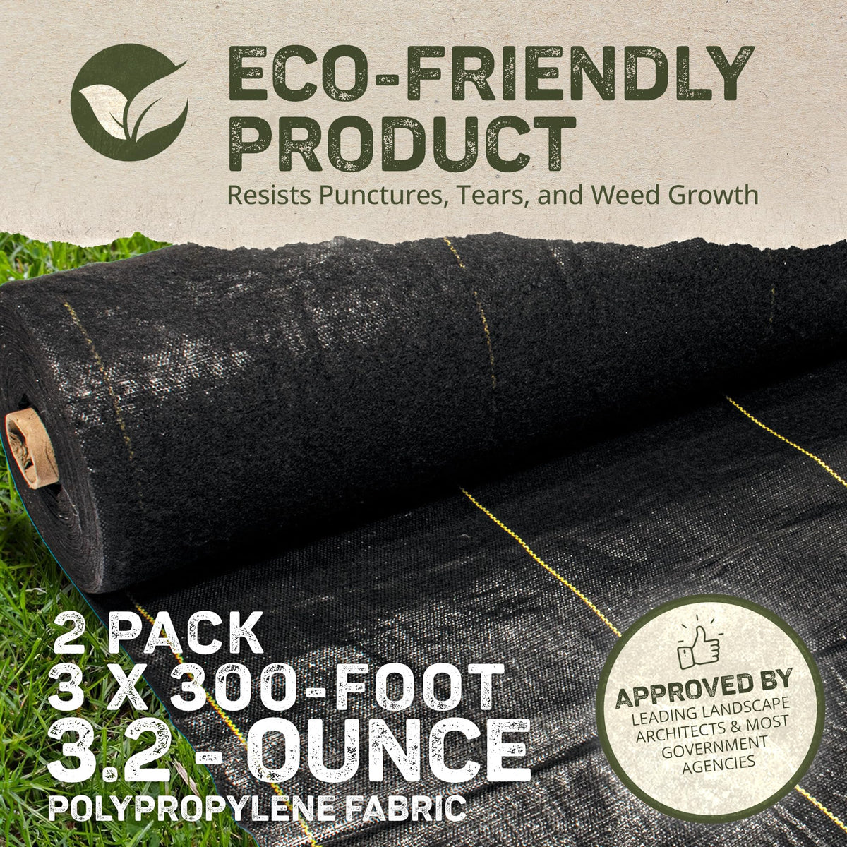 Dewitt 2-Pack Sunbelt Weed Barrier Fabric 3.2 oz, 3 x 300 Feet – Heavy-Duty Ground Cover Mat for Greenhouse Floors, Garden Rows, Raised Beds, Yard Gardening, and Outdoor Landscape Protection