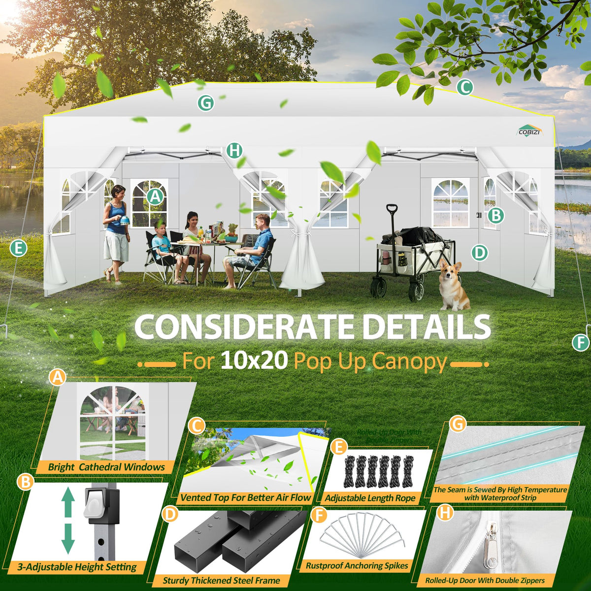 COBIZI 10x20 Pop Up Canopy with 6 Sidewalls One Push Setup Outdoor Event Shelter Waterproof UPF 50+ Gazebo Tent with Carry Bag,Air Vent,Sandbag for Wedding, Commercial, Party,White