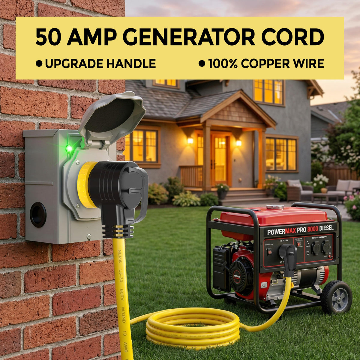 YOMILINK 100 Feet 50 Amp RV/Generator Cord, 100% Copper Wire, NEMA 14-50P to SS2-50R Twist Lock, Newly Designed 90°Grip Handle, 6/3+8/1 Gauge STW Wire