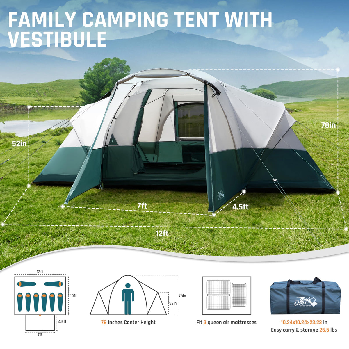 8 Person Camping Tent with Porch, Large Family Tents for Camping, PU1000MM Waterproof Tent with 5 Mesh Windows, Removable Rainfly, Reflective Windproof Rope, Big Dome Tent Fits 3 Queen Airbeds