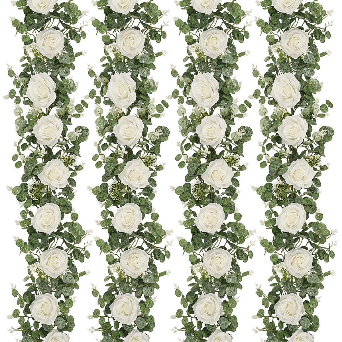 Dolicer 4Pcs 26Ft Artificial Eucalyptus Garlands with Flowers - 8 Roses, Faux Floral Greenery Garlands Fake Flowers Vines for Wedding Table Centerpieces Arch Party Ceremony Backdrop Decor (White)