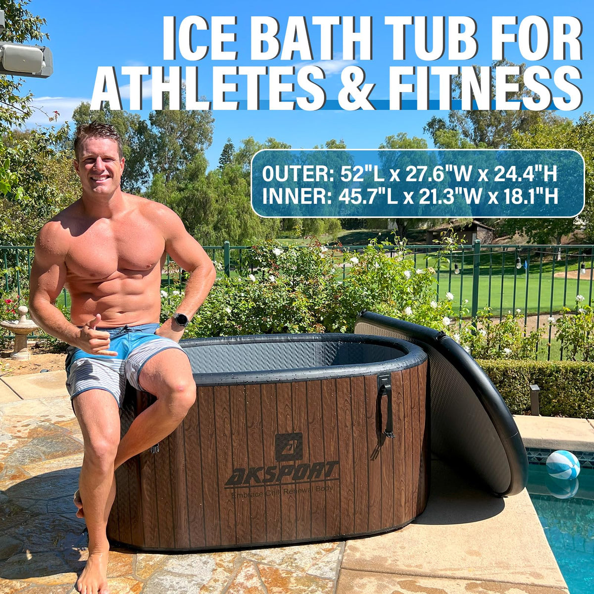 AKSPORT Ice Bath Tub for Athletes, 151 Gallons Inflatable Cold Plunge Tub Compatible with Water Chillers, Icebath for Recovery & Cold Water Therapy, Portable Bathtub for Indoor & Outdoor-Wood