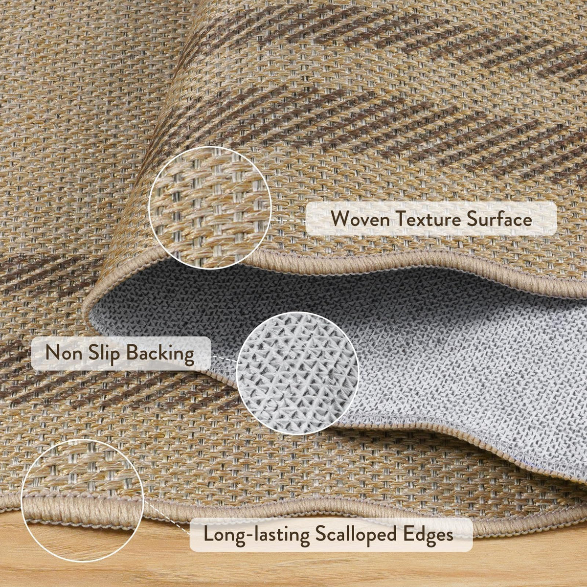 LIVEBOX Scalloped Easy Jute 3x5 Outdoor Rug, Washable Non-Slip Geometric Tan Rugs for Entryway, Indoor Outdoor Farmhouse Rug Modern Carpet Door Mat Area Rug for Patio Bedroom Living Room Kitchen Porch