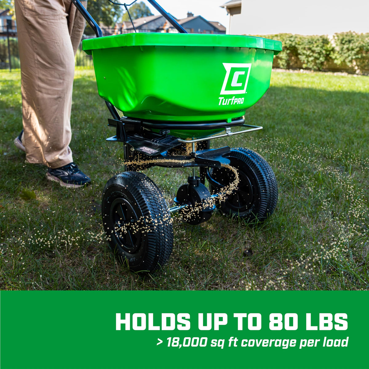 Chapin 89200A Spreader, Lawn and Garden, 80Lbs, All Season, TurfPro, Broadcast, Push, Walk Behind, 12" Tires, Weather-Proof, Poly Hopper, Pull-Bar Lever with 30 Setting Gate, Fertilizer and Seeds