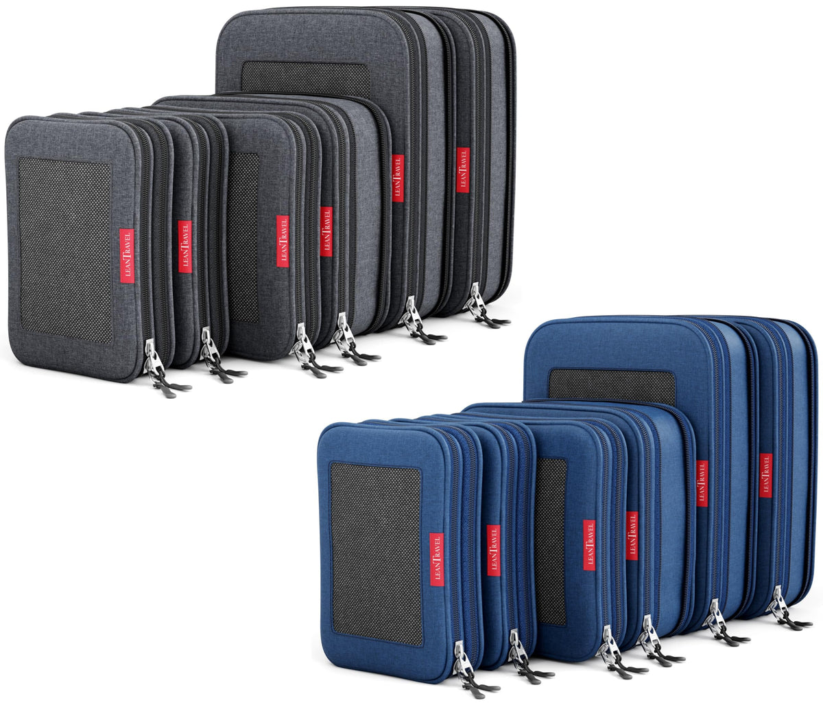 LeanTravel Compression Packing Cubes for Travel Organizers with Double Zipper (12-Pack Black-Blue)