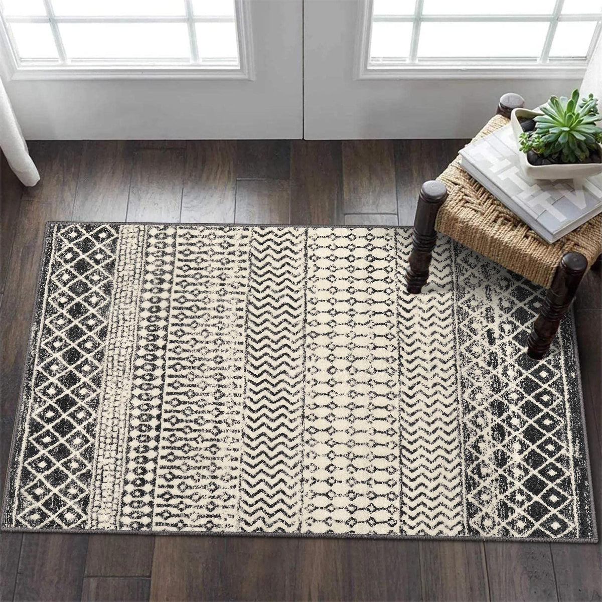Nailttos Moroccan Area Rug, 2x3 Black Distressed Entryway Rug Non-Slip Small Rug, Soft Low-Pile Washable Indoor Door Mat Floor Carpet for Entrance Bedroom Kitchen Bathroom