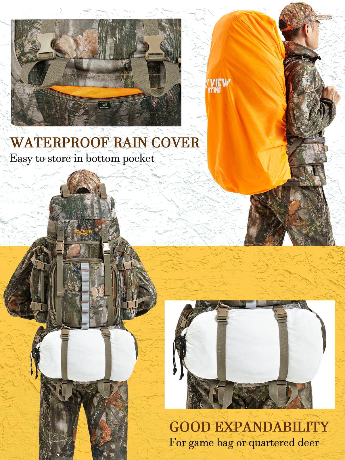 NEW VIEW 80L Hunting Backpack with Waterproof Rain Cover & Binocular Straps Harness Chest Pack with Detachable Rangefinder Pouch