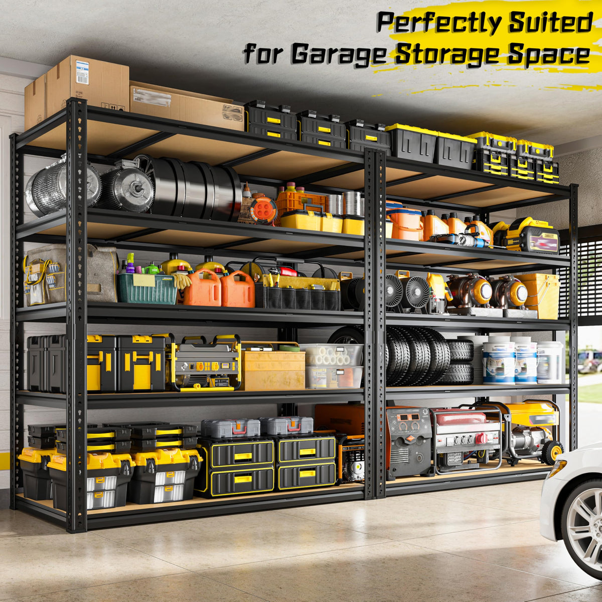 48" W Garage Shelving Heavy Duty 3080LBS Garage Storage Shelving, 5 Tier Adjustable Metal Shelving Unit Utility Rack Shelf for Warehouse, Pantry, Closet, Kitchen 72" H x 48" W x 24" D,Industrial，Black