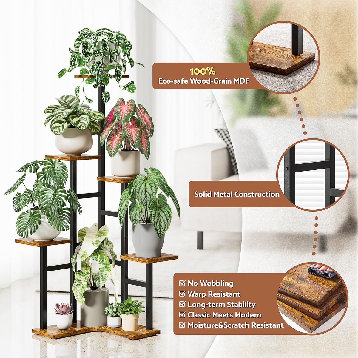 NQW 5 Tier Corner Plant Stand Indoor Wood, Metal Plant Shelf Outdoor, Tall Plant Stands Plant Tables Indoor Plant Rack Tiered Plant Stand Garden Accessories for Balcony Patio -BlackSquare