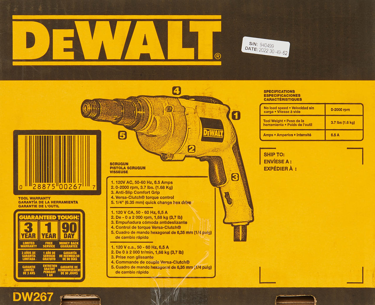 DEWALT Drywall Screw Gun, Variable Speed Reversible, 6.5-Amp (DW267), 0.25