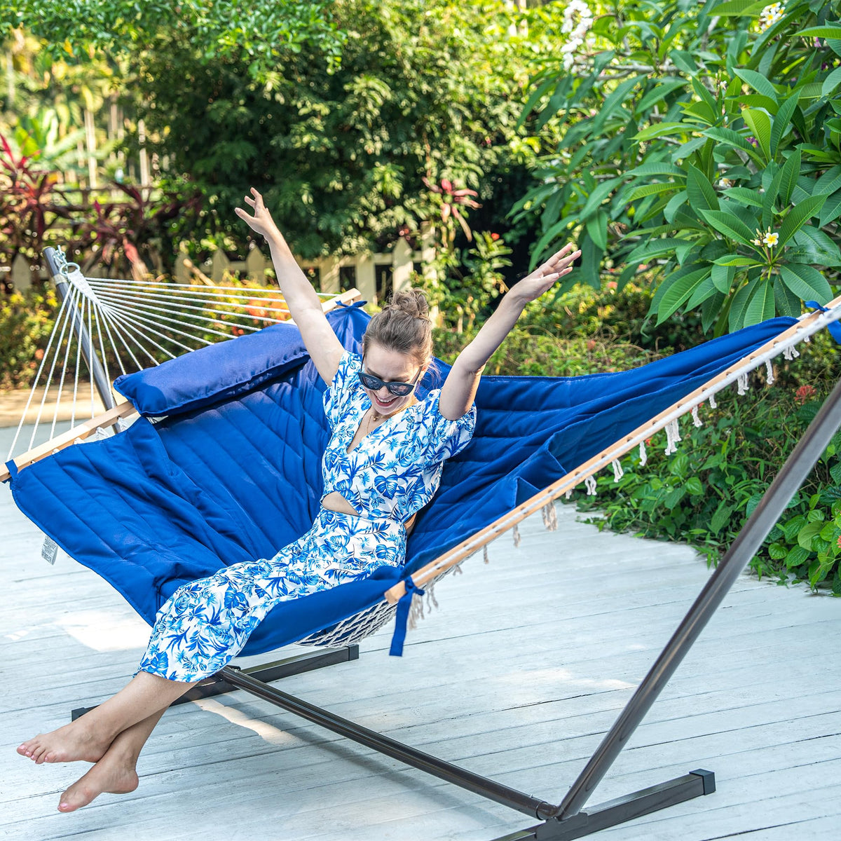 Lazy Daze Hammocks Double Hammock with 12 ft Steel Stand, 2 Person Cotton Rope Hammock with Quilted Pad, Spreader Bars, Detachable Pillow, Mag Bag & Cup Holder, Blue