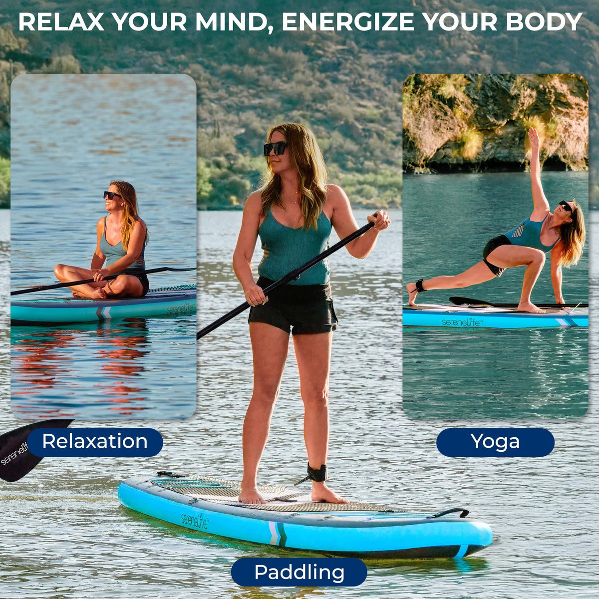 SereneLife 10’6” Inflatable Stand Up Paddle Board with Premium SUP Accessories - 33” Wide Stable Design with Non-Slip EVA Deck Pad for Youth and Adults, 350 lbs. Capacity