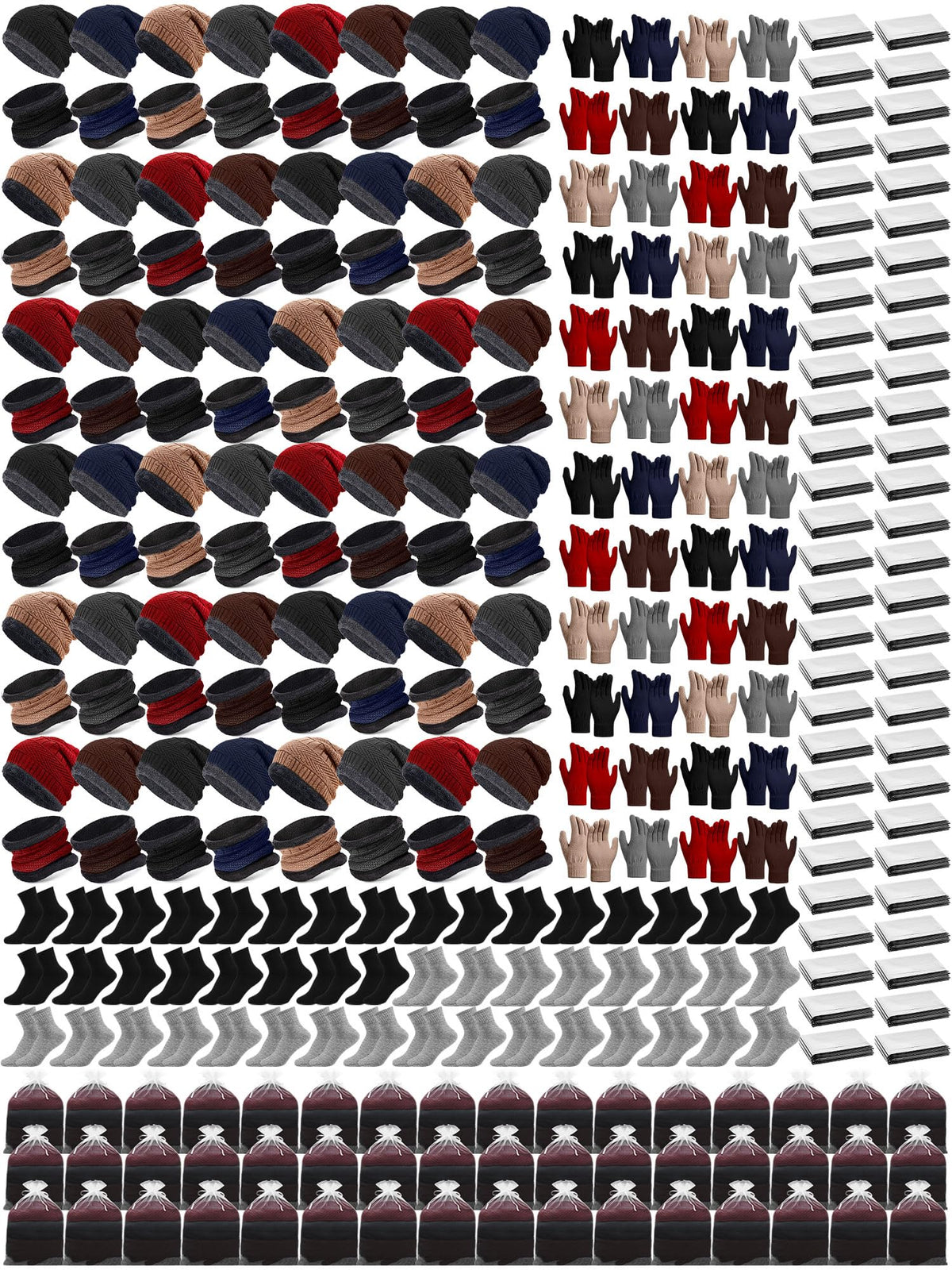 Shyyween 288 Pcs Homeless Care Package Supplies Winter Beanies Hats Neck Warmers Scarf Gloves Sock Emergency Blanket and Organza Bag