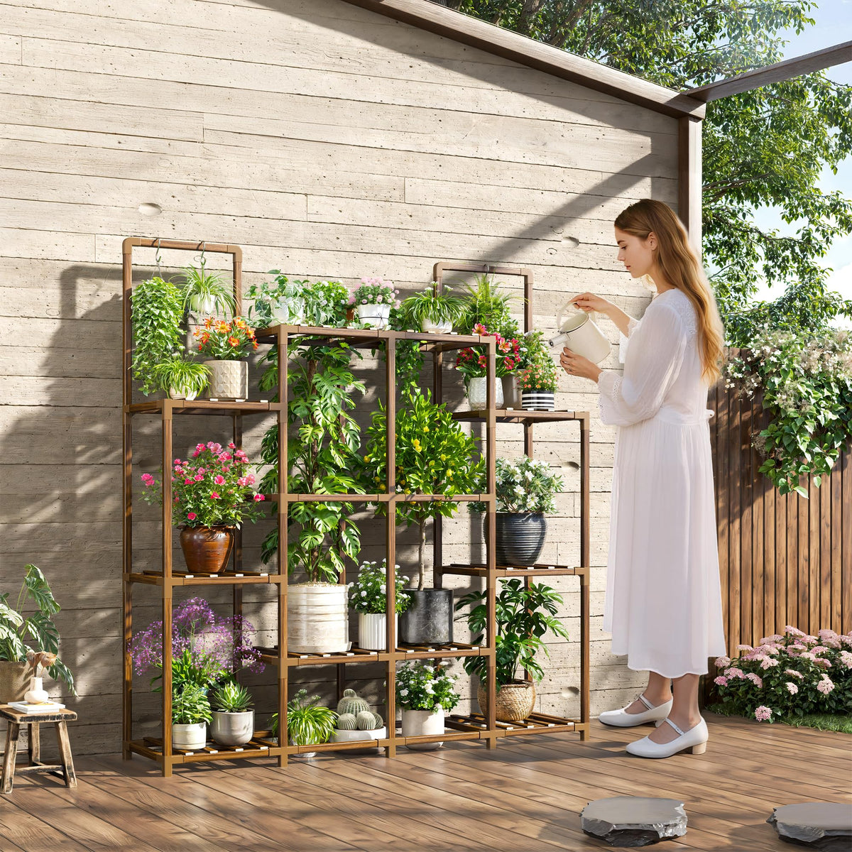 EnHomee Plant Stand Indoor Tall Plant Stand Outdoor Large Wood Plants Shelf with 12-14 Pots for Patio, Living Room, Garden, Balcony, 44.8" Wx47.2 Hx11.78 D