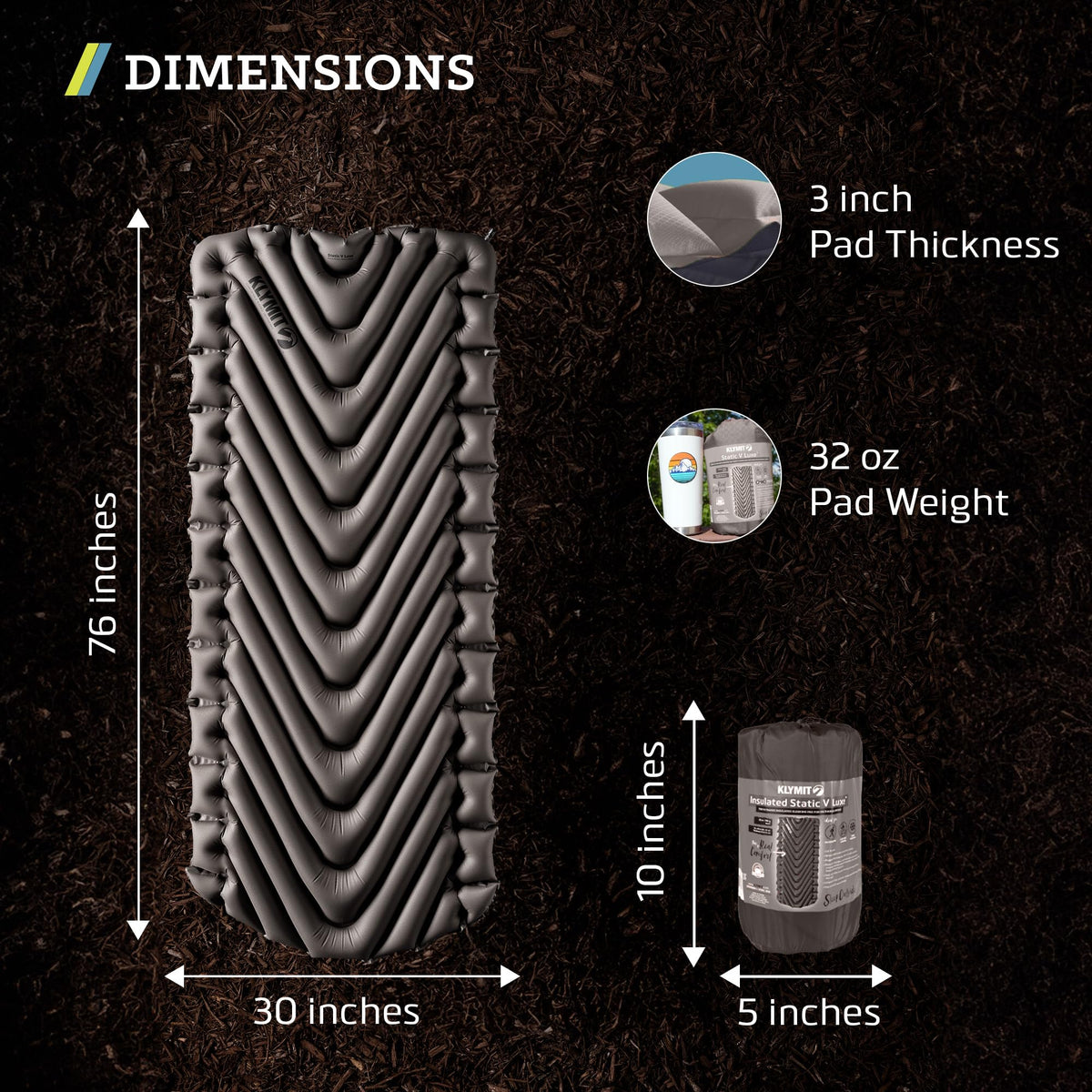 Klymit Static V Luxe Sleeping Pad, Lightweight Lofted Camping Air Mattress for Tents and Cars with Body Mapping Tech, 3 In Thick Grey