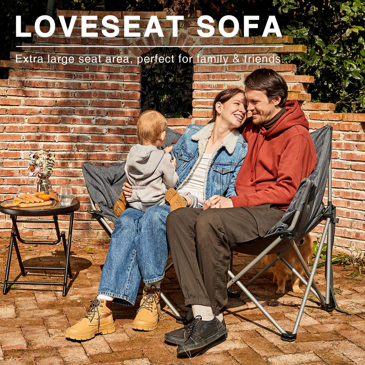 EVER ADVANCED Double Camping Chair for Adults, Padded Folding Camping Love Seat Bench with Side Pocket Portable Camping Couch, Two Person Heavy Duty Folding Outdoor Chair with Cushion,Support 600lbs
