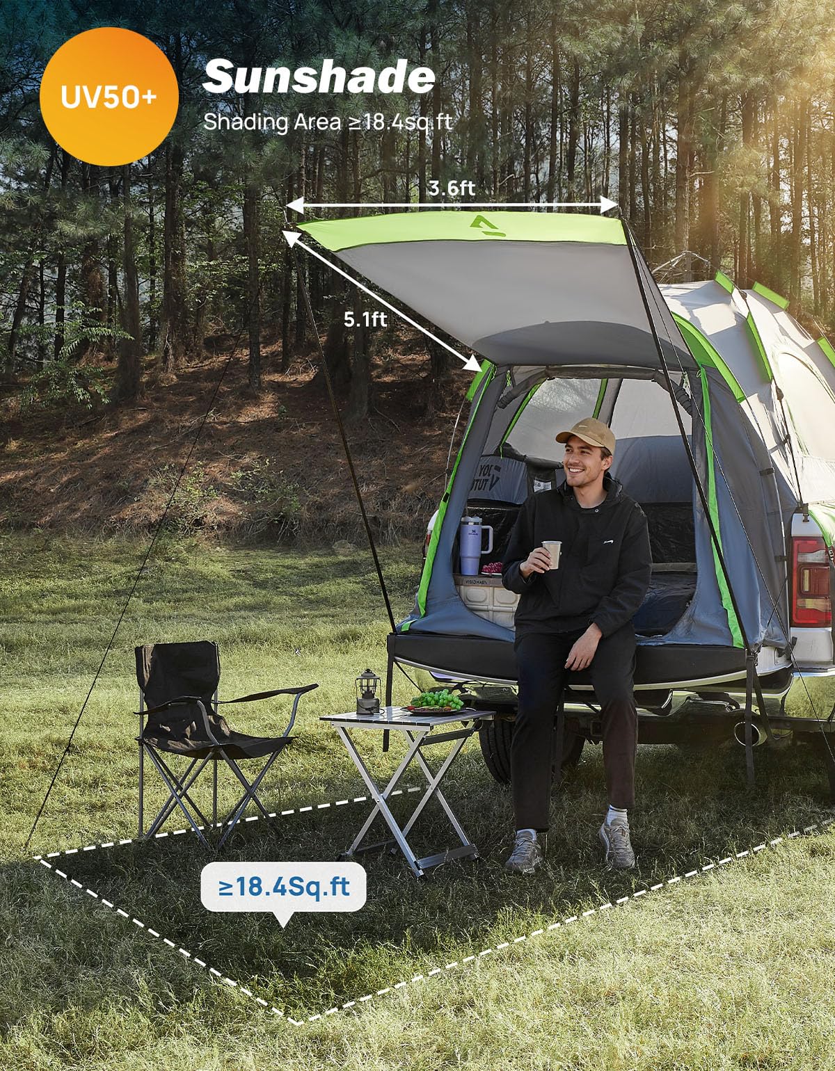 JOYTUTUS Semi-Automatic Truck Bed Tent with Awning, Easy Set-up with Pre-Assembled Design, 2 Person Portable Truck Camping Tent with Rainfly for 5.0FT-5.2FT Pickup Truck Bed, Waterproof PU2000mm