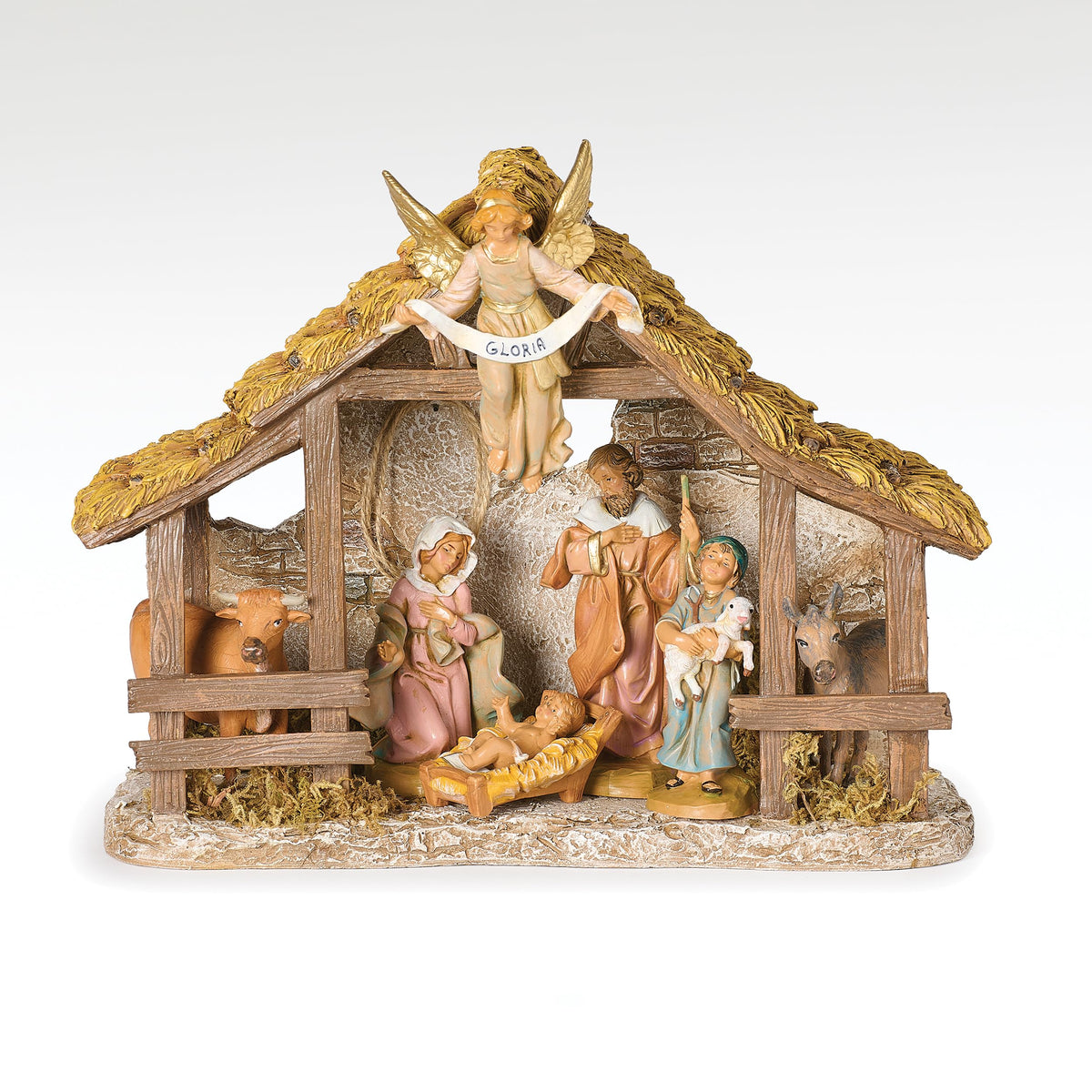 Fontanini by Roman 5" Scale Nativity Set, 7-Piece Holy Family Scene with Shepherd and Animals, Resin Stable with Angel, Classic Christmas Decoration