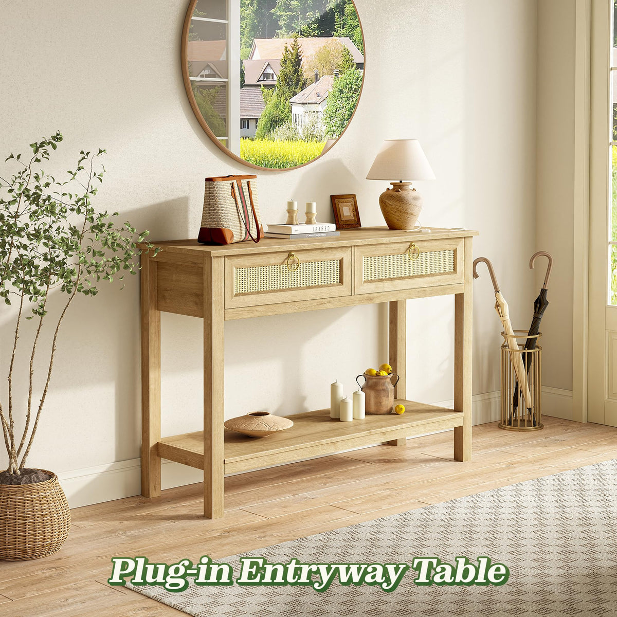 SUPERJARE Rattan Console Sofa Table with Outlets and USB-C Port, 2 Drawer Entryway Table with Synthetic Rattan Surface, 39 Inch, Open Shelf, Behind Couch Entry Foyer Hallway Storage, Natural