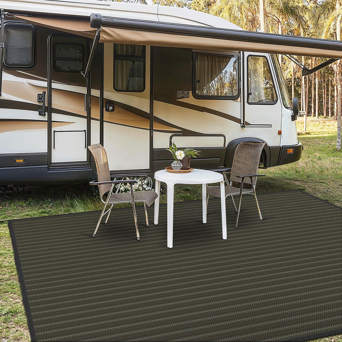 GENIMO Outdoor Rug for Patio Clearance, 10'x14' Reversible Plastic Straw Rugs, Lightweight Waterproof RV Camping Mat for Camper, Balcony, Deck, Backyard, Picnic, Black & Brown