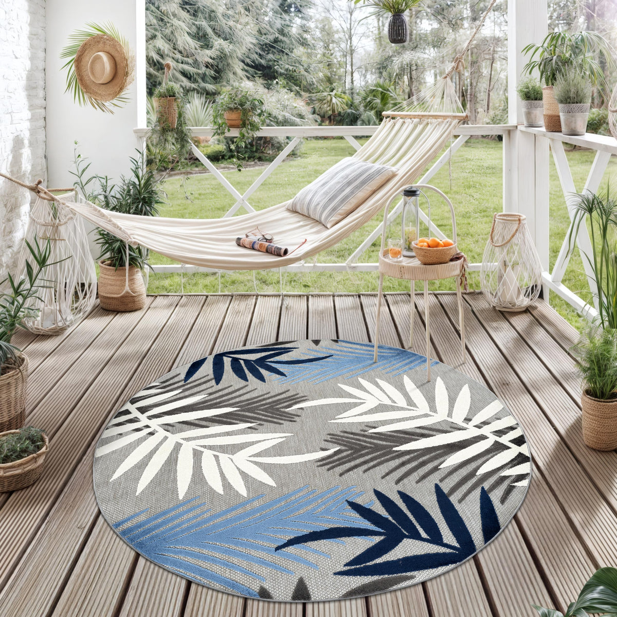 Rugshop Blue Palm Frond Indoor/Outdoor Round Area Rug Easy Cleaning for Patio, Deck and Seating Area, 6' Round