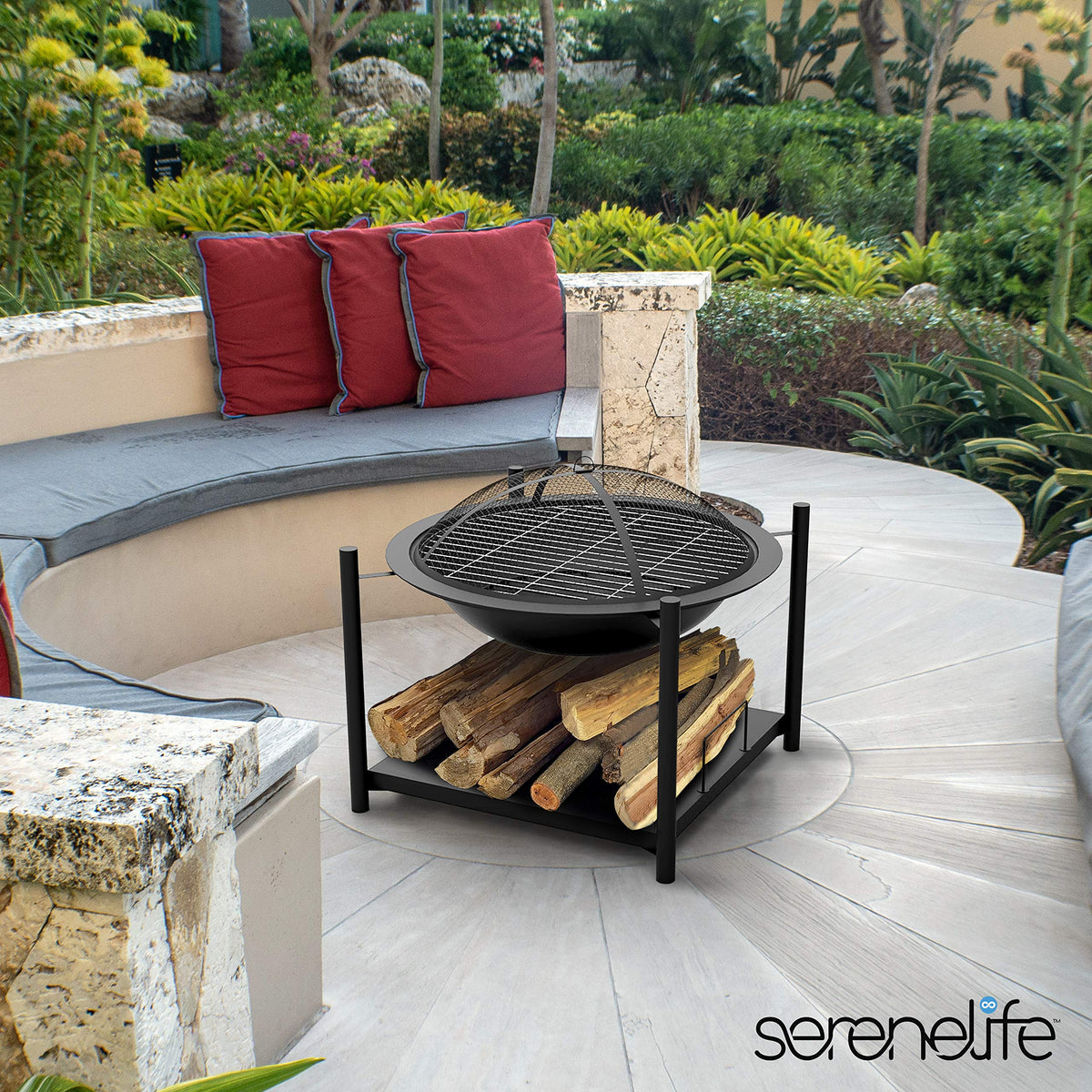 SereneLife Outdoor Wood Fire Pit - 26" Steel BBQ Grill with Mesh Spark Screen, Log Grate, Fire Poker & Cover for Camping, Picnic, Bonfire - Durable, Easy to Assemble, 2 in 1