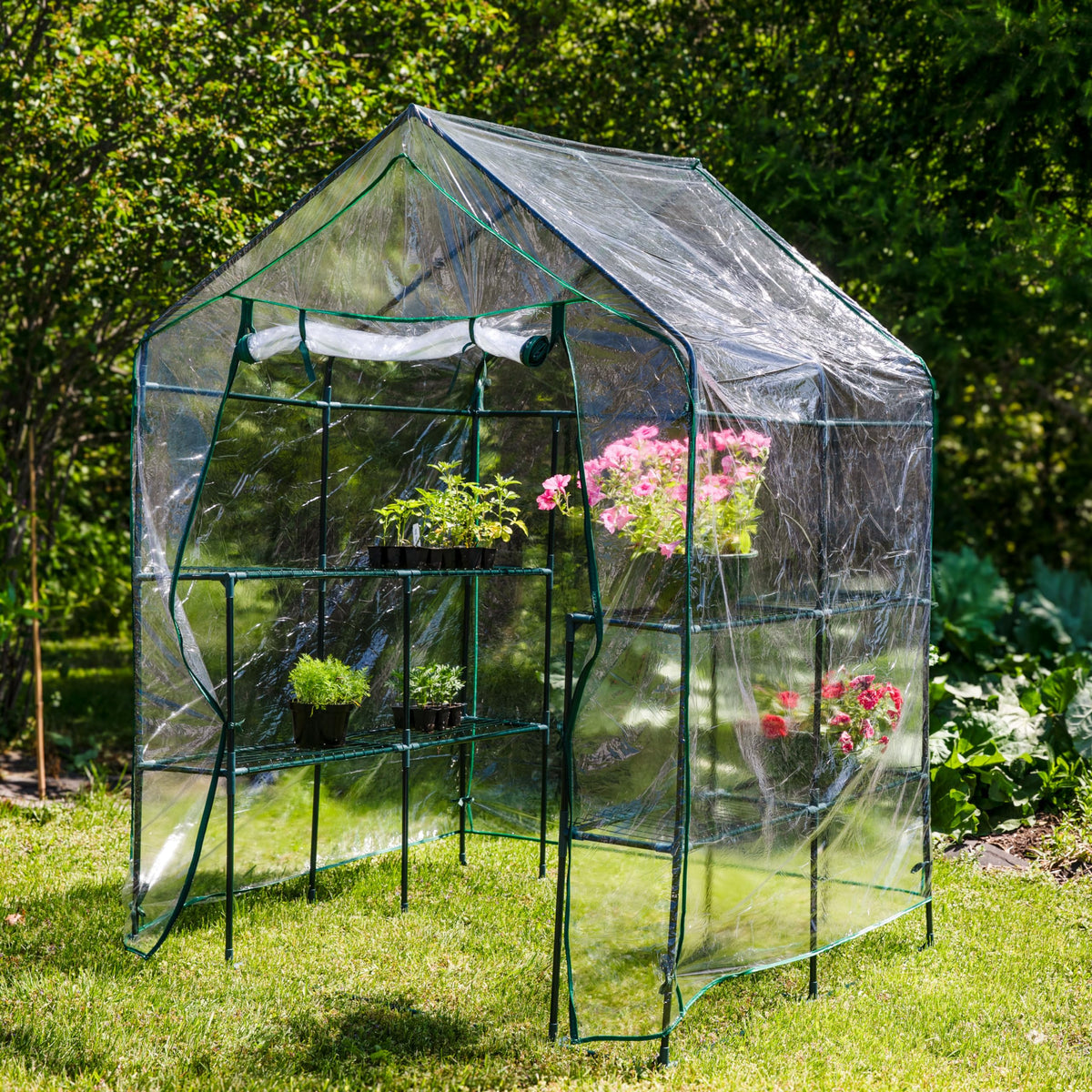 Sunnydaze Portable Outdoor Grandeur Walk-in Greenhouse with 4 Steel Wire Shelves and Roll-Up Door - Clear
