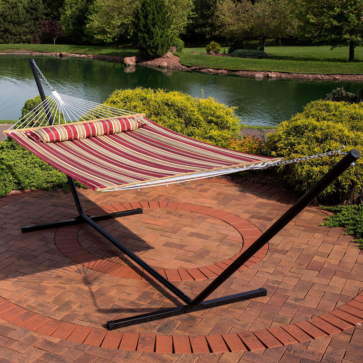 Sunnydaze Quilted Double Hammock with Stand for Outside - 400-Pound Capacity 2-Person Hammock with Stand - 15-Foot Stand - Red Stripe
