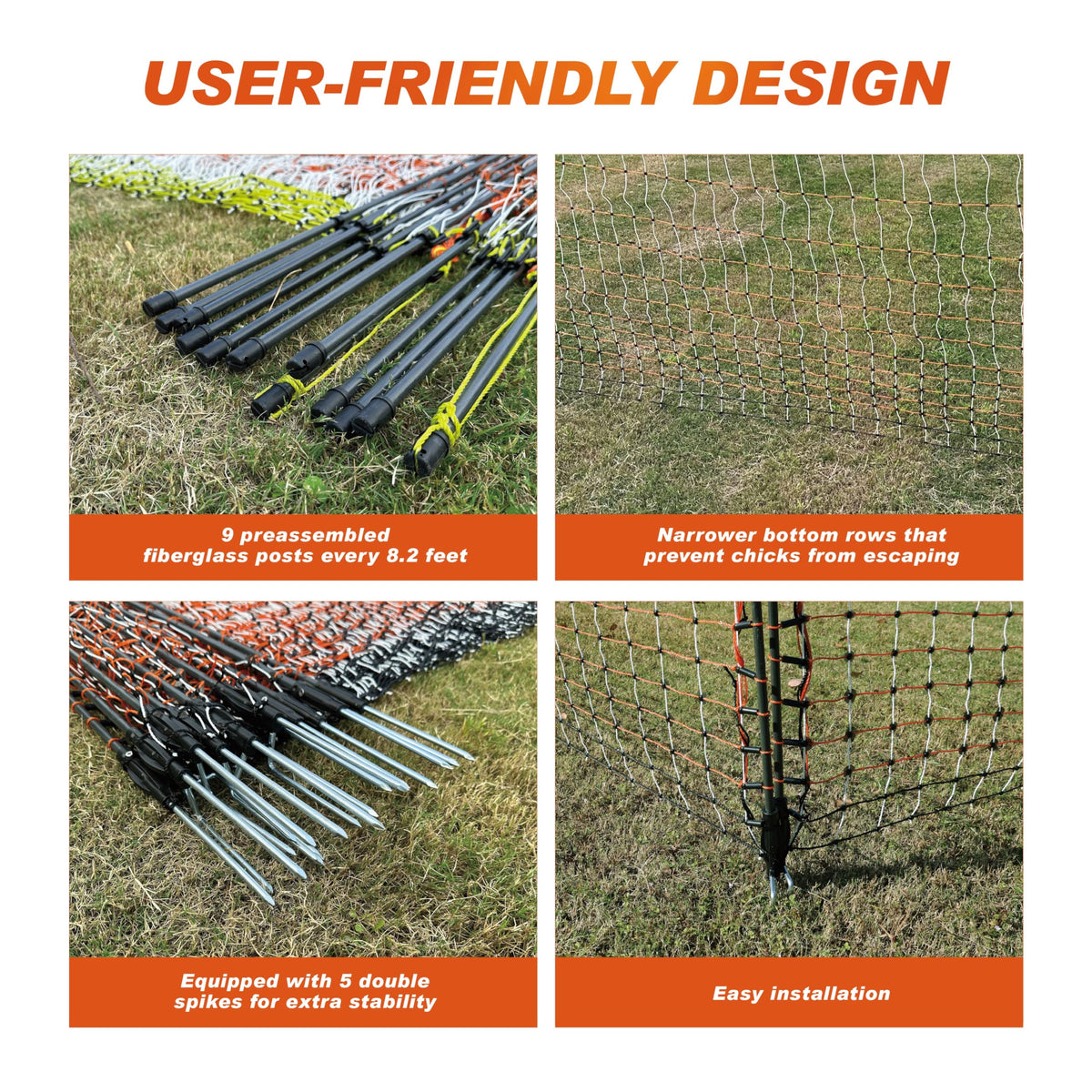 Poultry Electric Netting Fence - 47.3''H (can be Manually Raised to 59.1''H) x 65.6'L for Flying Chicken, Sheep, Goats in Farms, Ranches and Gardens, PK2
