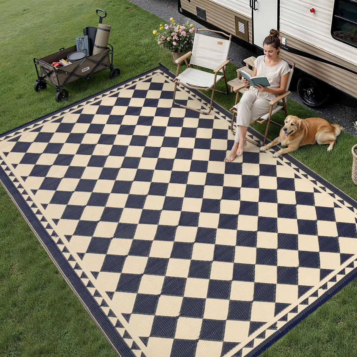 HUGEAR Outdoor Waterproof Rug 9'x18' Plastic Straw Rugs Washable Reversible Floor Mat Beige Plaid Carpet for Camping RV Deck Entryance Porch Picnic Balcony Beach Backyard