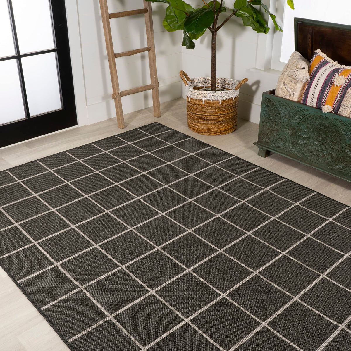 JONATHAN Y Grid Squares Indoor Outdoor Area Rug 8X10 Black/Cream, Modern for Backyard, Patio, Porch, Easy-Cleaning, High Traffic, Pet-Friendly, Non-Shedding (SMB200B-8)