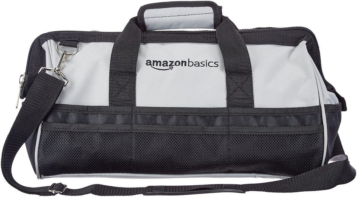 Amazon Basics Durable Wear-Resistant Tool Storage Bag with Adjustable Shoulder Strap,Portable Tool Organizer,16 in,Black & Grey,(Pack of 8)
