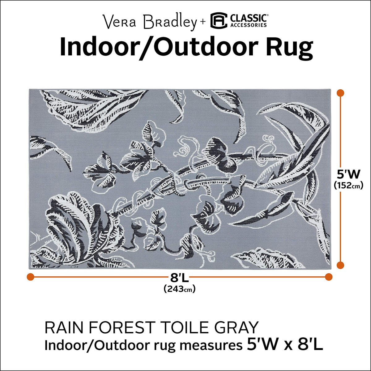 Classic Accessories for Vera Bradley Indoor/Outdoor Rug, 5 x 8 Foot, Rain Forest Toile Gray